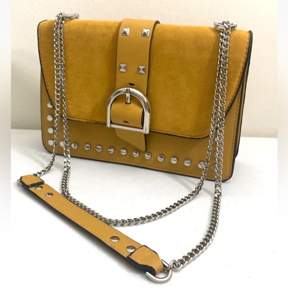 TOPSHOP Tan Honey Studded Shoulder Cross Body Handbag Silver Thick Chain Strap - Picture 3 of 6